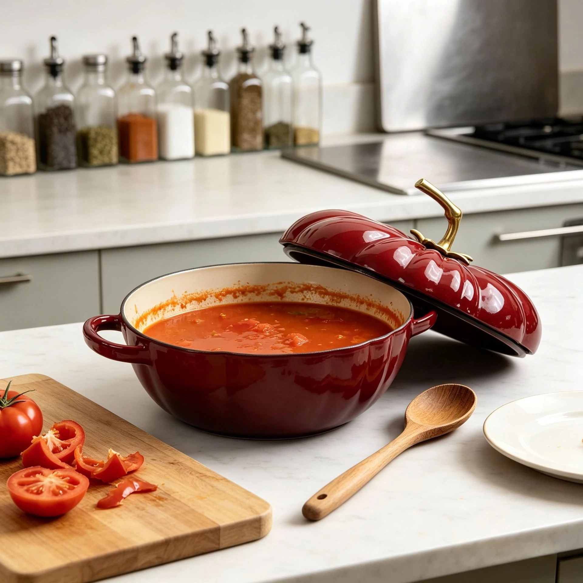 Tomato Cast Iron Enameled Pot, a classic and durable non-stick saucepan/stew pot suitable for all stovetops. view 3
