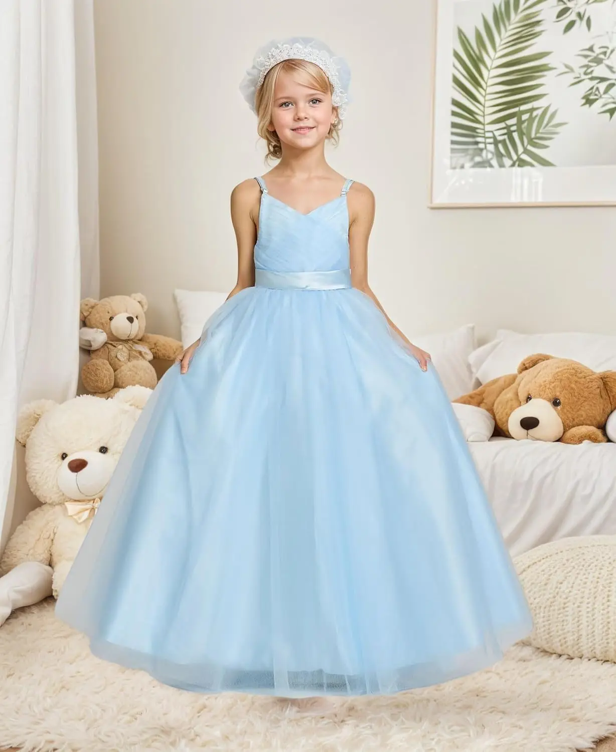 플라워 걸 스파게티 스트랩 V넥 튤 프린세스 파티 드레스 A라인 첫 영성체 볼 가운 여자아이 드레스