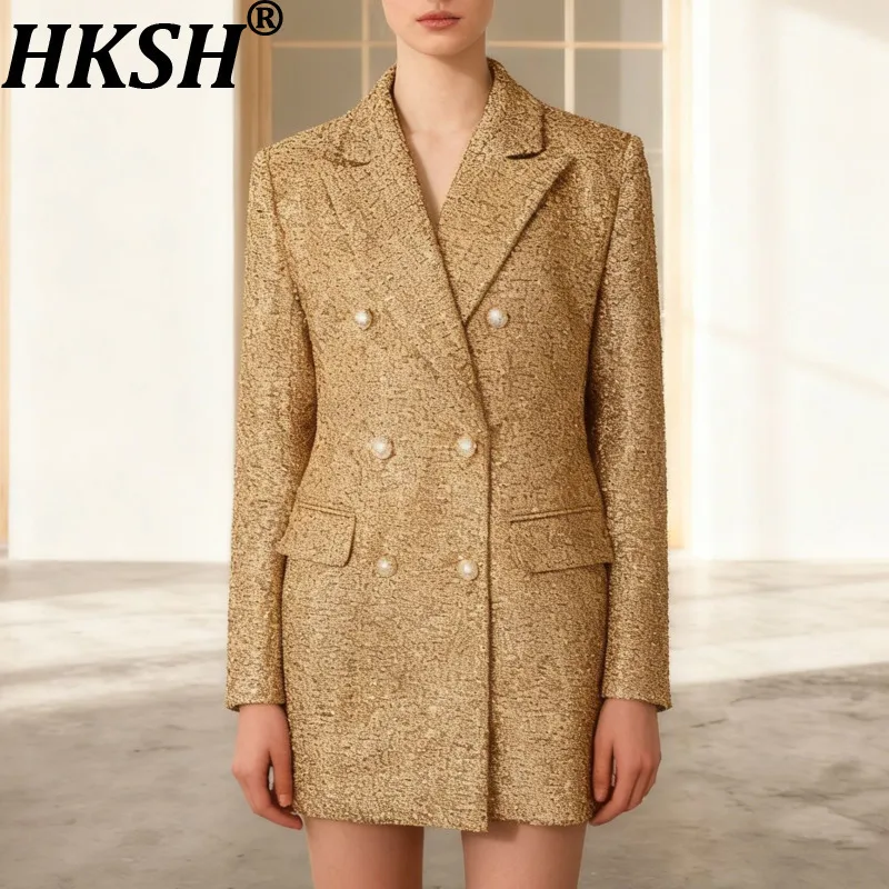 HKSH Spring Autumn New Women Blazer Tweed Double Breasted Notched Collar Pockets Slim Fit Elegant Fashion High-end Coats HK16260