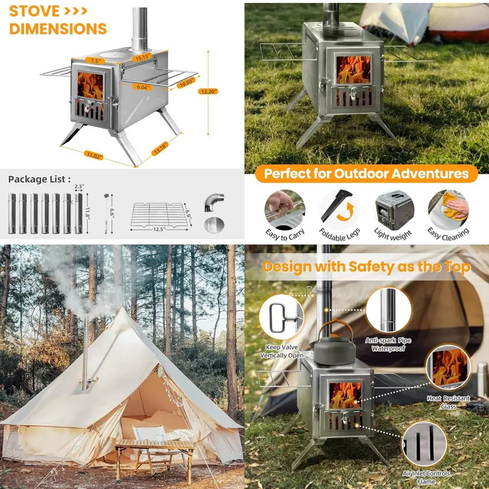 Holzofen, tragbarer Campingkocher mit Kaminrohren, Frontfenster, Seitenständer, Mini-Holzofen für Außenzelt, Kookout, Tr