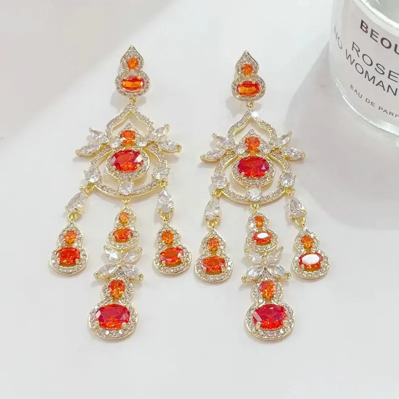 Bilincolor Luxury Chandelier Elegant Orange Red Long Dangle Drop Earrings Wedding Party