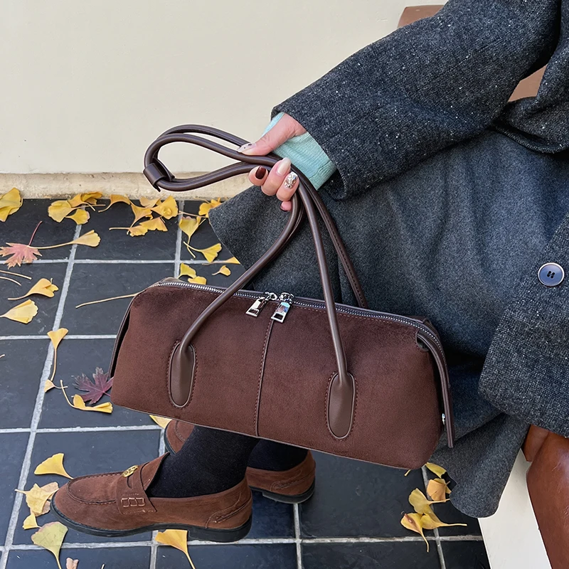 

Coffee Underarm Bag Large Capacity Pillow Shoulder Bag For Women Travel Handbag Tote Faux Suede + Pu Leather Two Side Sac A Main