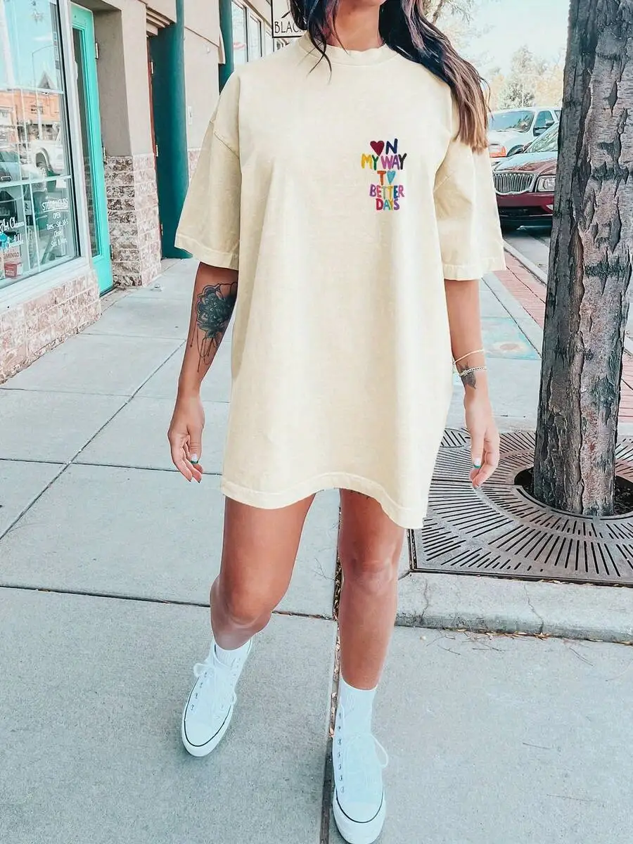Women Light Yellow T Shirt Dress Colorful Hearts On To Better Days Print Crew Neck Relaxed Fit Machine Wash Summer Casual Dress