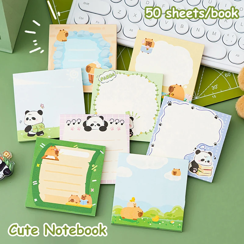 Panda dos desenhos animados Capybara Non Sticky Note Book, Papel de Mensagem, Kawaii Cute Sticky Notes, Material Escolar, Presentes de Papel Nota, 50 Folhas