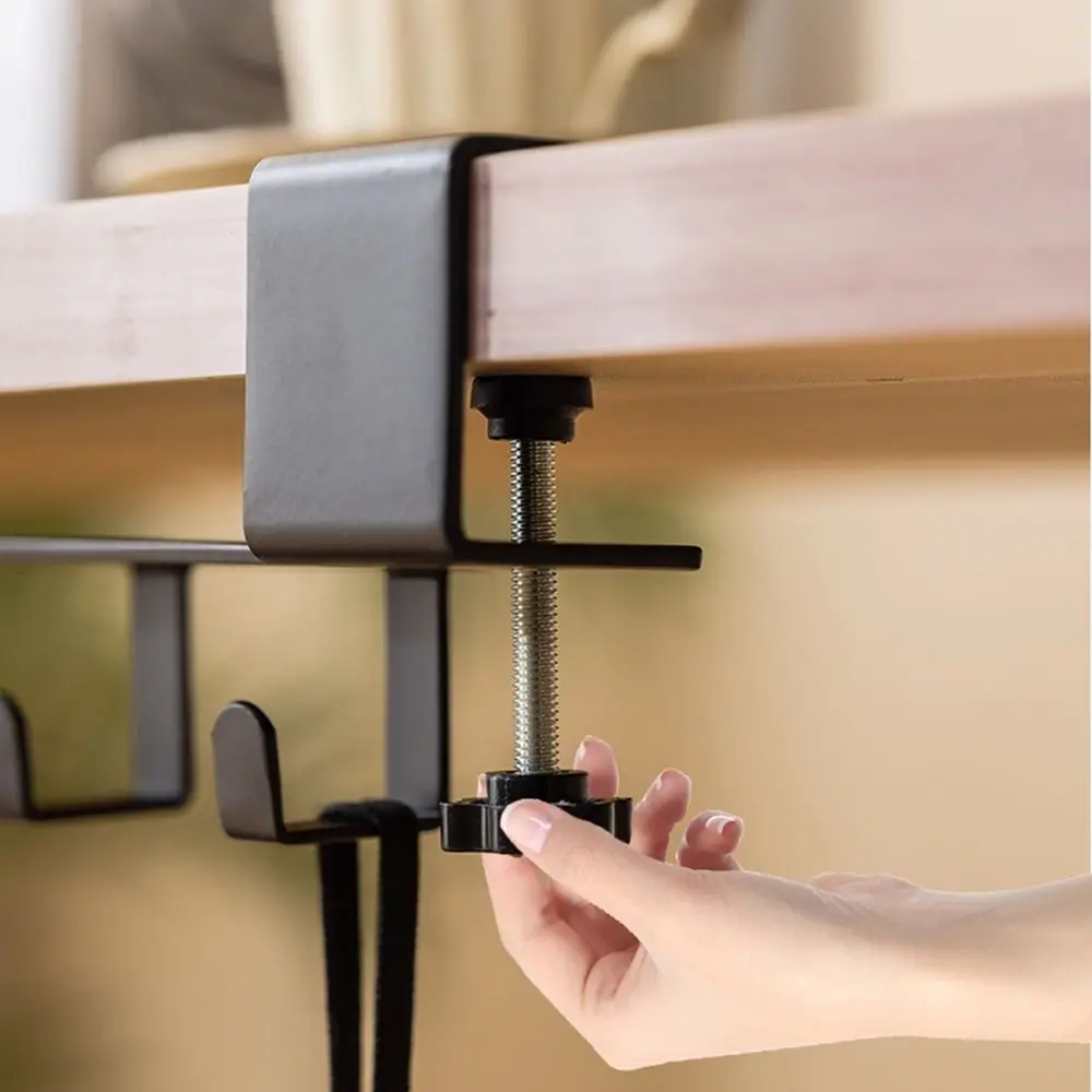 Carbon Steel Desk Side Mount Hook 5 Hooks Adjustable Mobile Storage Rack Easy Install Strong Load-bearing