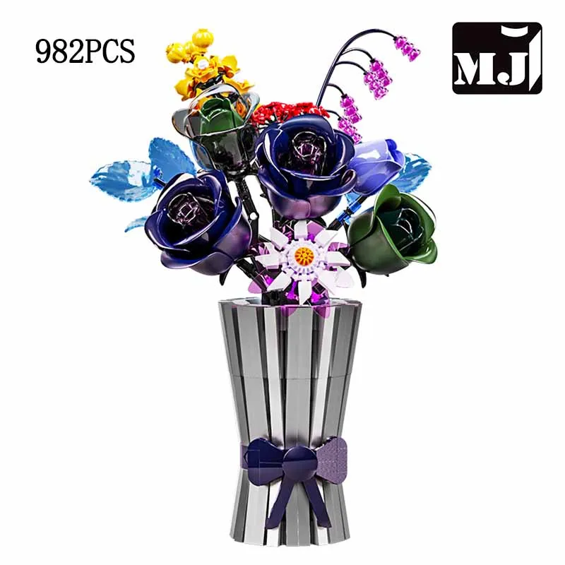 Bouquet de fleurs en briques de construction MJ BLOCK, décoration de maison, modèle créatif, jouet de construction en briques, cadeaux pour filles et adultes, 982 pièces