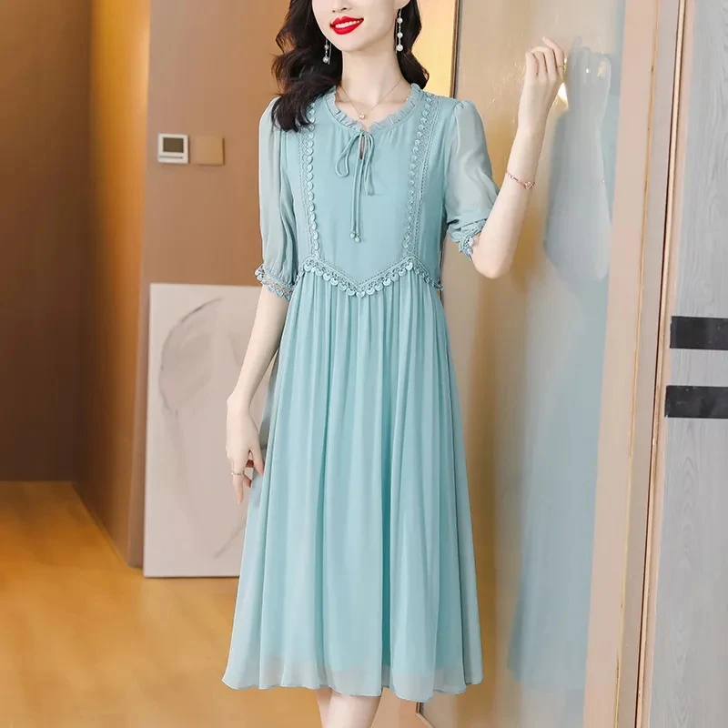 

2023 Authentic Hangzhou Silk Mulberry Silk Dress for Women New Young Mom Summer Dress Fashionable Mid length Skirt