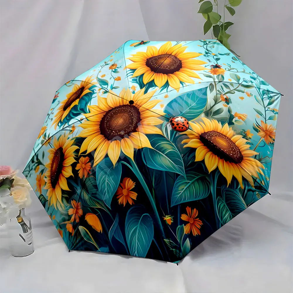 1PC Sunflower Umbrella with Vibrant Patterns and Nature Motifs Print 8 Iron Ribs Folding Umbrella Auto-Open Fashion Sunshade