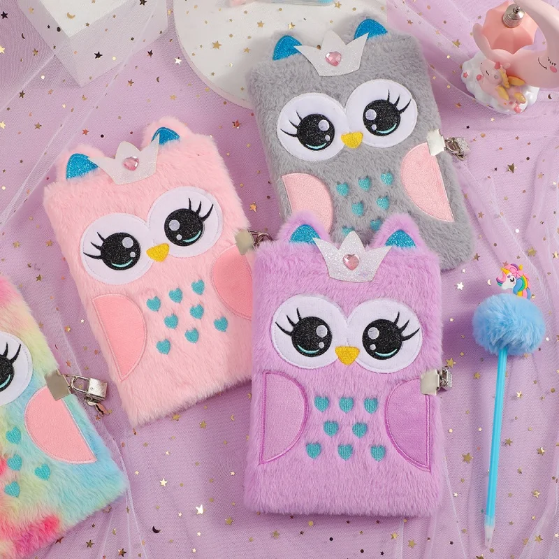 A5 Cartoon Plush Owl Notebook with Lock Children\'s Shcool Writting Notebook Journal Gift Girl Cute Lockable Diary Notepad