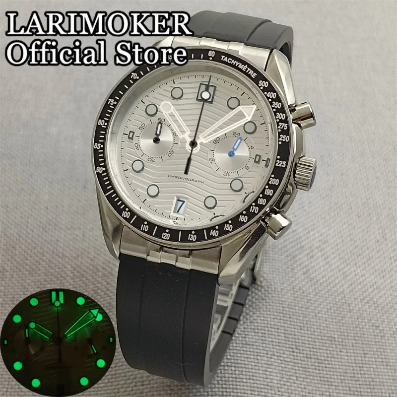 LARIMOKER 39mm VK64 Chronograph Quartz Men's Watch Sapphire Glass Luminous Blue Black White Wave Dial 6O'clock Date Rubber Strap