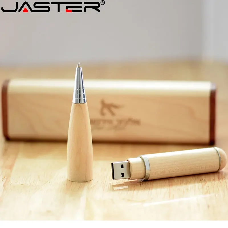 JASTER USB Flash Drives Maple Ballpoint Pen 64GB Wooden Box 32GB 16GB 8GB Pen Drive Teacher Gift Free Custom Logo Memory Stick