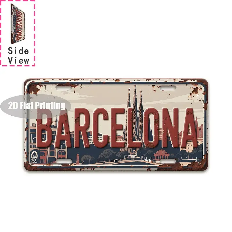 Barcelona Spain Sagrada Familia 2D Flat Printing License Plate Style Metal Tin Sign, Iconic Spanish Cityscape Themed Decorative