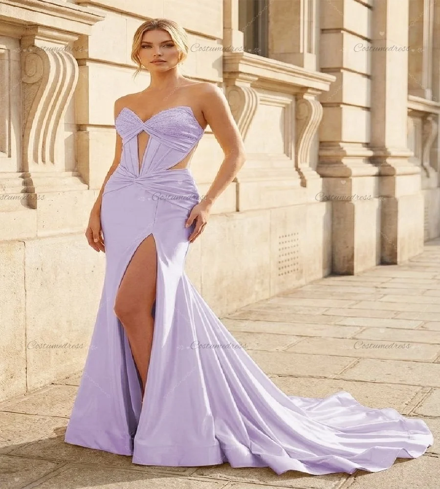 

Elegant Lilac Mermaid Evening Dress Charming High Slit Satin Prom Dress Lace Up Formal Dress Sweetheart Event Party Gowns 2026