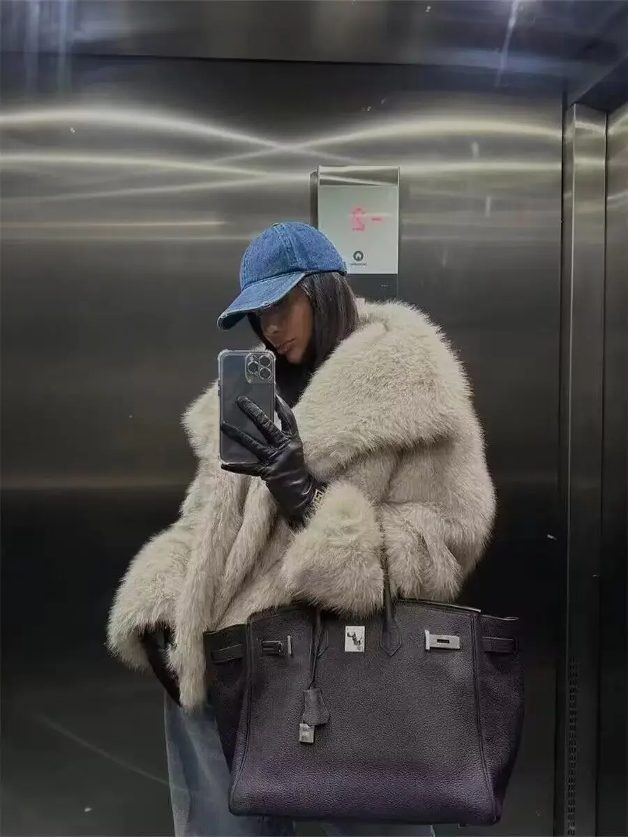 Trends Large Lapel Fluffy Jacket Faux Fur Coat Women Autumn Winter Fur Jackets Warm Thick Cardigan Streetwear Eco-Chic New