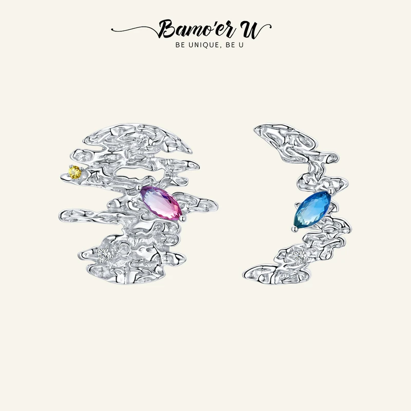 BAMOER U 925 Sterling Silver Brilliant Blue Gem Women Stud Earrings Fine Jewelry Plated Platinum Ear Studs Wedding Party Gift