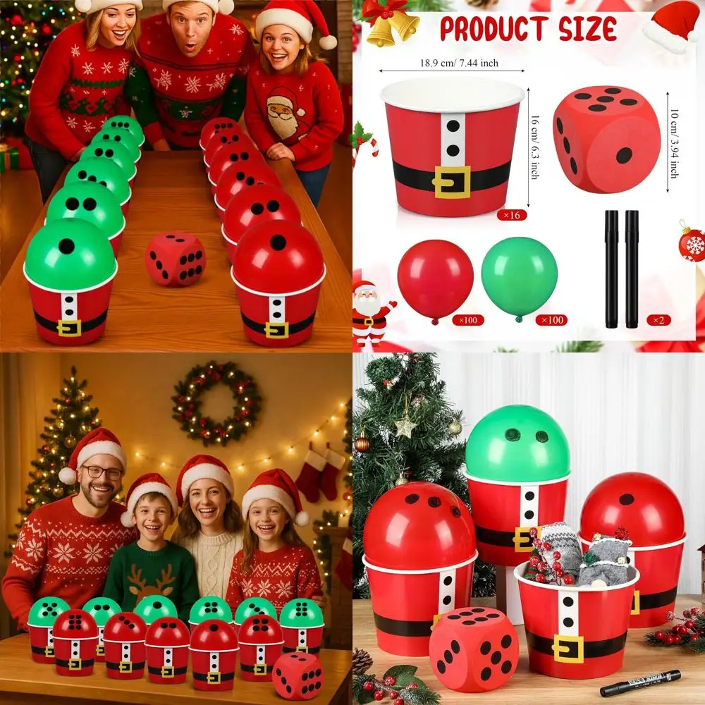 

Christmas Party Dice Game Set: 16 Paper Buckets, 200 Red & Dark Green Balloons, 1 Dice, 2 Markers