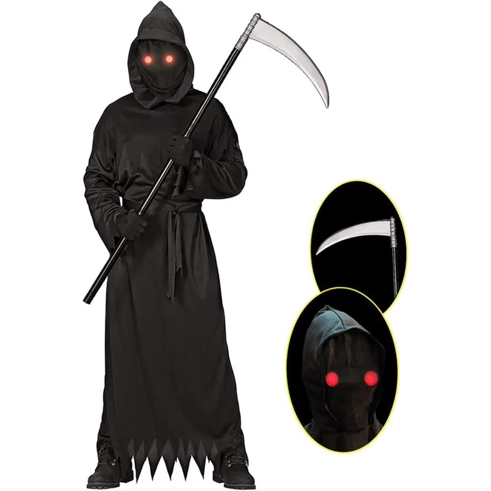Grim Reaper Halloween Costume with Glowing Red Eyes for Kids, Scythe Included