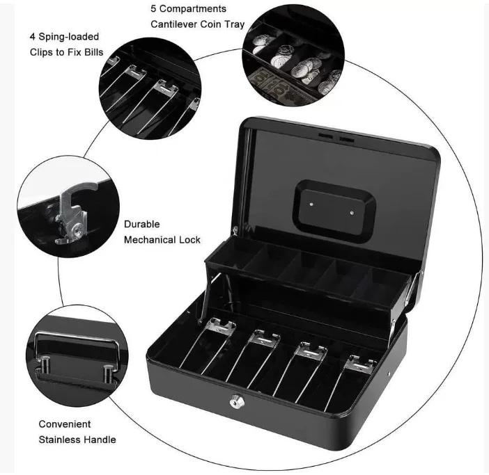anti-theft cash ticket holder register storage deposit safe box with metal tray coin compartment and key