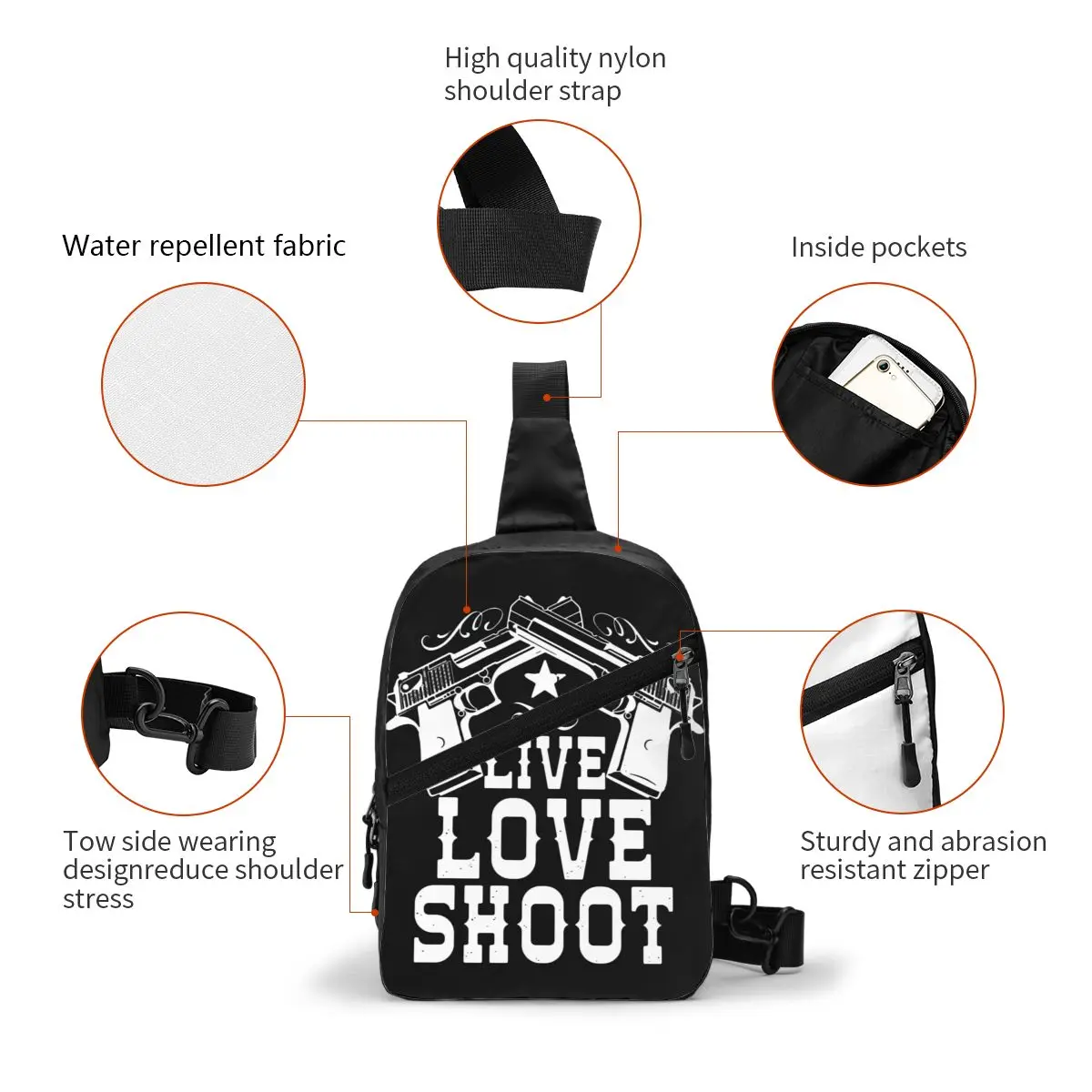 Live Love Glock Sling Chest Bag Custom USA Handgun Pistol Shoulder Crossbody Backpack for Men Cycling Camping Daypack