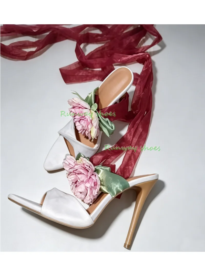 French Retro Peony Flowers Straps Stilettos Women's Sandals Round Head Open Toes Satin Fabric Ankle Wrap Straps Banquet Shoe view 3