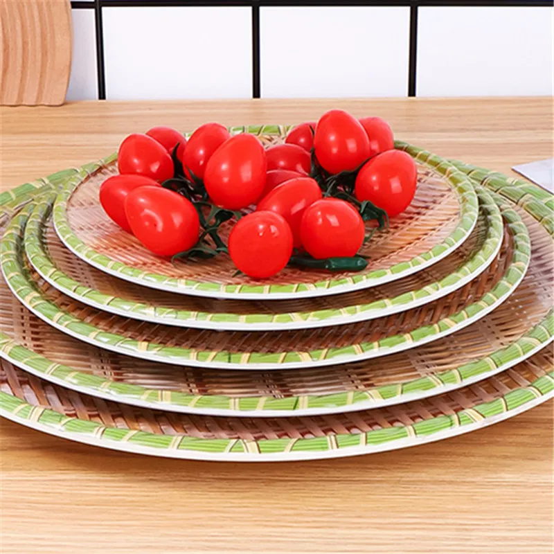 

Hot Pot Dish Imitation Porcelain Bamboo Woven Barbecue Dish Plastic Woven Tray Net Red Dim Sum Dish Creative Snack Dish