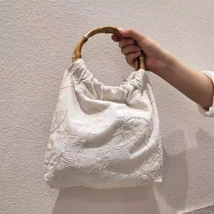 Vintage Bamboo hand wooden ring mini totes bag embroidered bucket bag soild color purse and handbags party dinner clutch bag sac