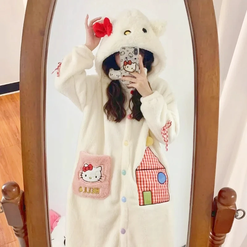 

Kitty Coral Fleece Nightgown Women Autumn Winter Long Thickened Warm Hooded Bathrobe Cute Pajamas With Pocket Home Clothing Gift