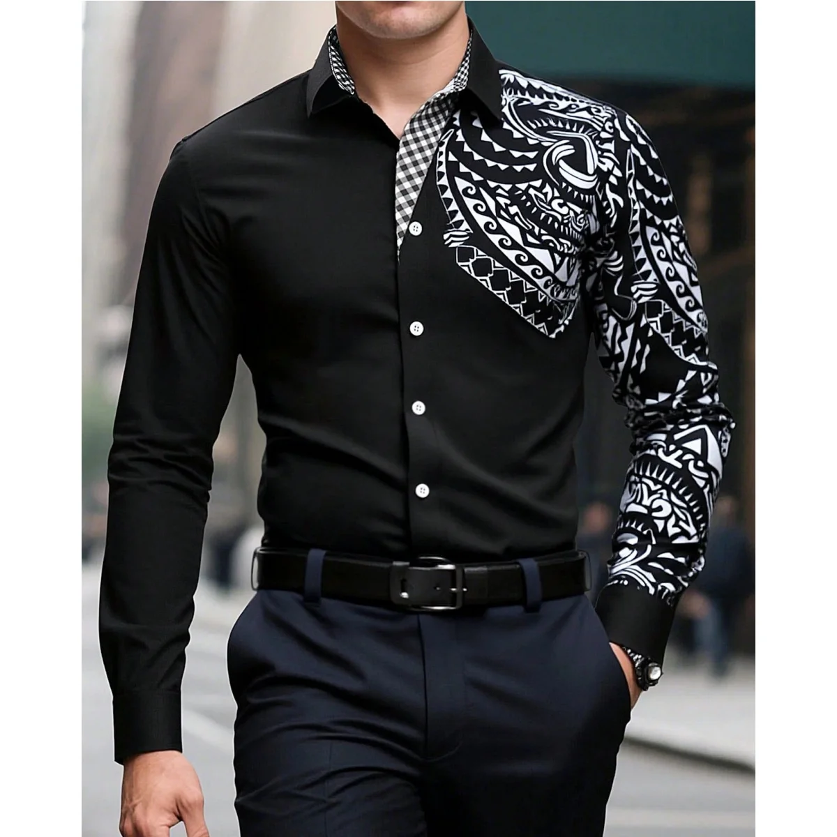 أزياء الرجال الرجعية نمط واحدة الصدر قميص 3D طباعة البوليستر أعلى الخريف عارضة تنفس قمصان طويلة الأكمام رجل الملابس