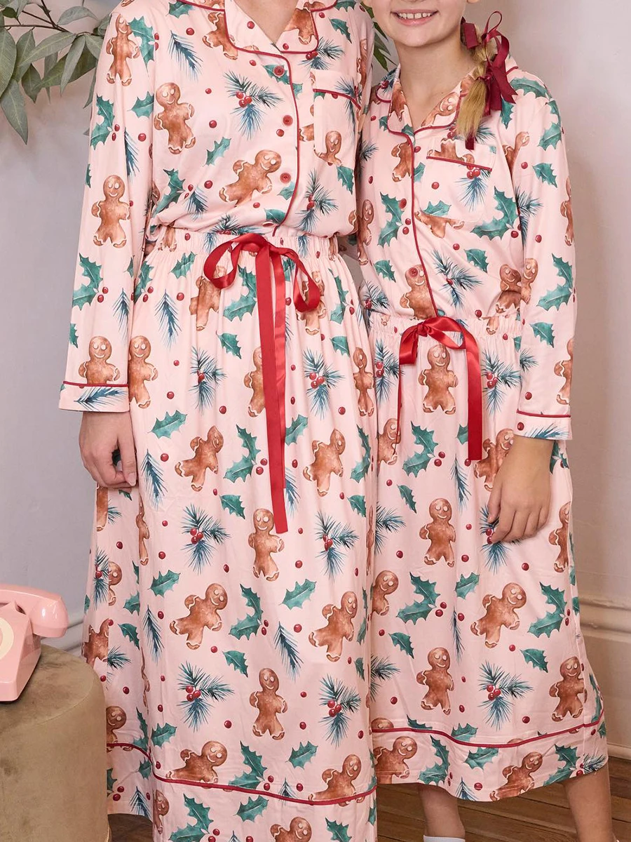 Family Christmas Pajamas Matching Gingerbread Man Print Long Sleeve Lapel Button Down Tops Skirt Sleepwear