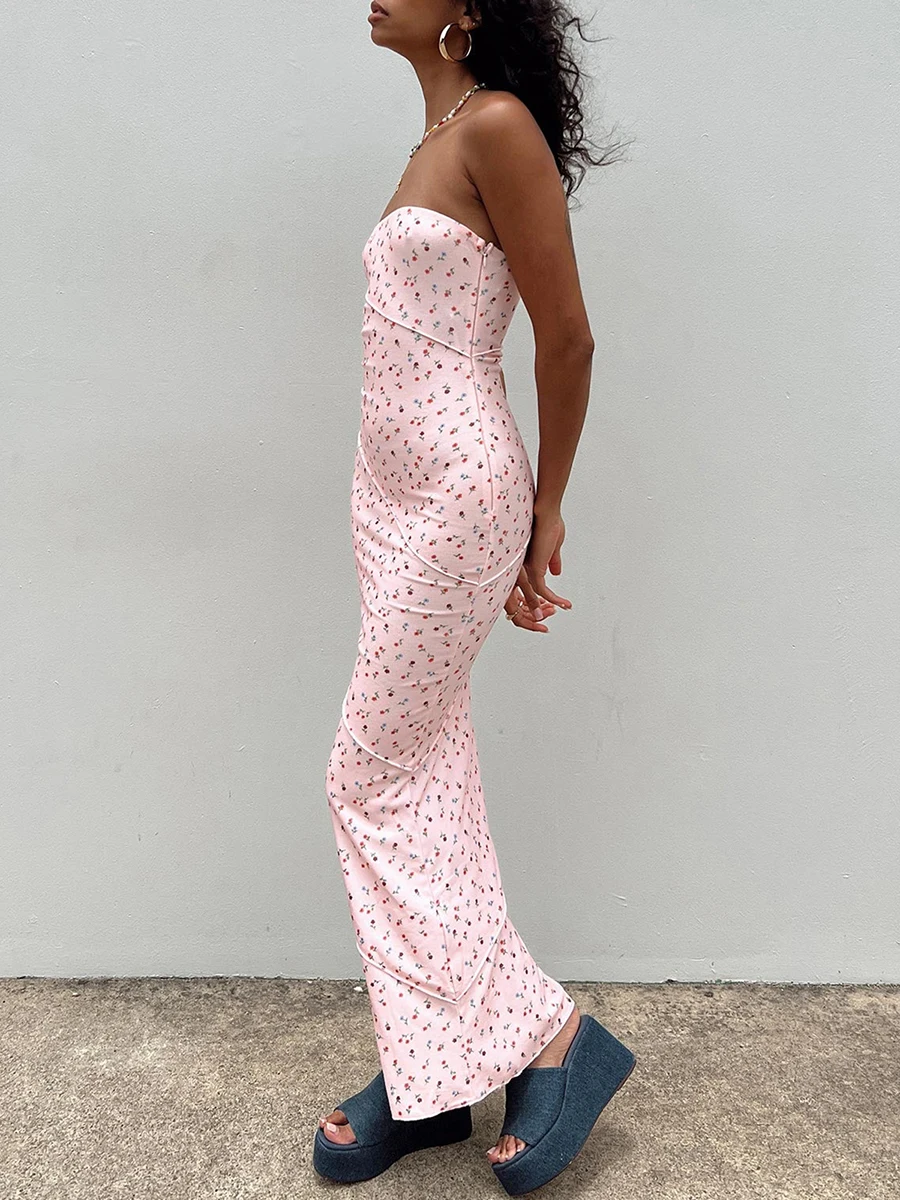 Vestido de tubo sin tirantes para mujer, vestido largo sin mangas con hombros descubiertos Y2k, Bodycon Floral, vestido de verano para fiesta y playa