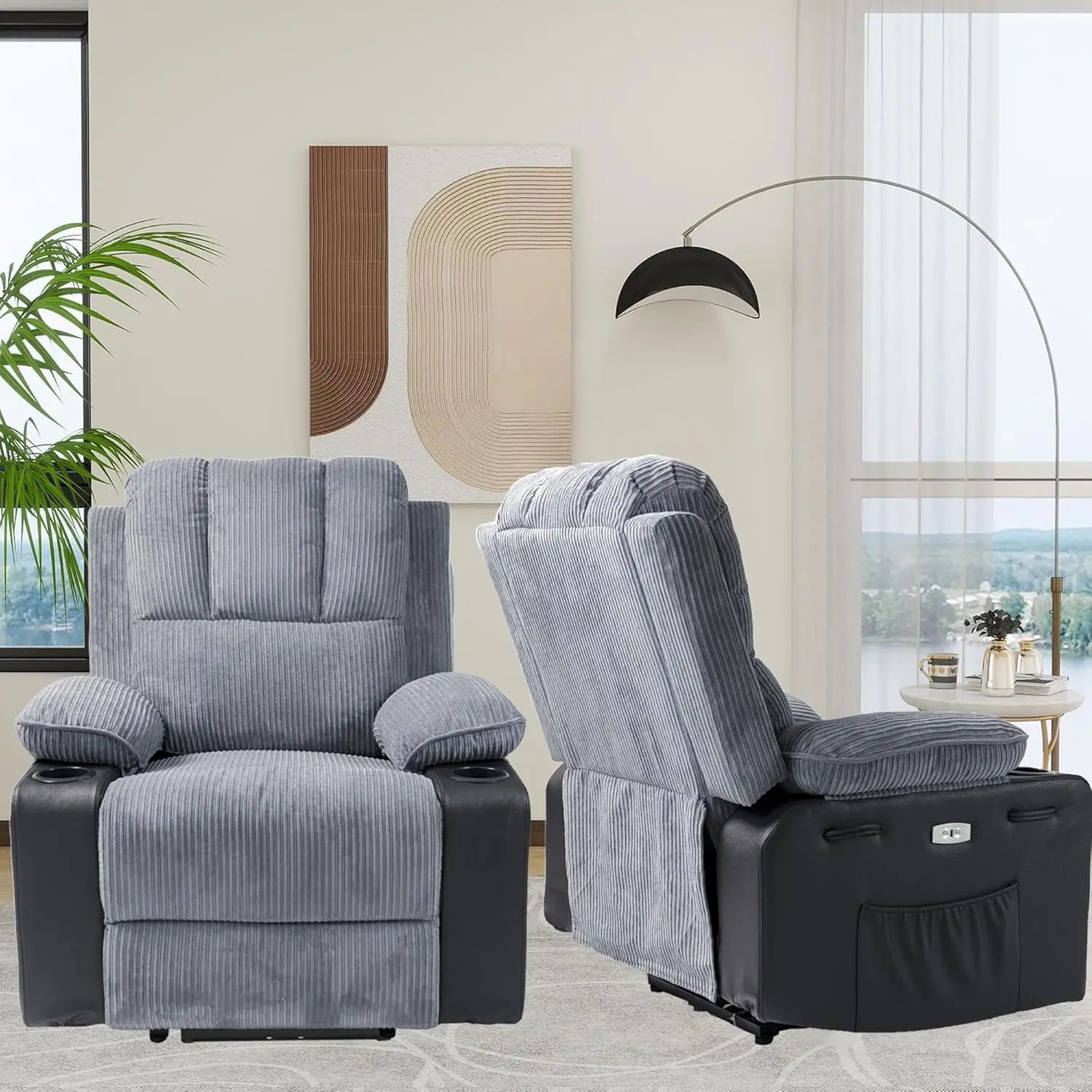 Power Recliner Chair Heated Massage Oversized Fabric Sofa Electric Reclining Chair With Storage Cup For Living Room