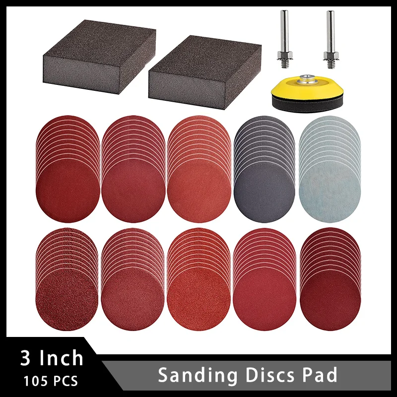 105 pcs 3inch Sanding Discs Pad And 2 Polished Sponge Sand Block Drilling Machine Kits For Drill Grinder Rotary Tools Attachment