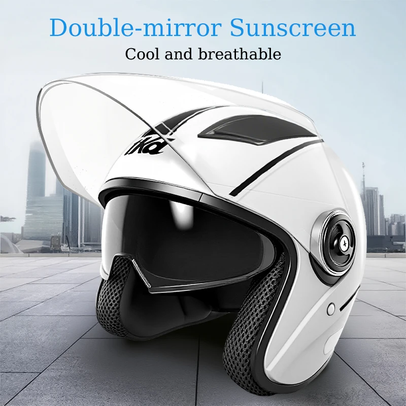 

Retro motorcycle helmet with dual sun visor for men and women. Winter 3/4 helmet for off-road motorcycle racing protection