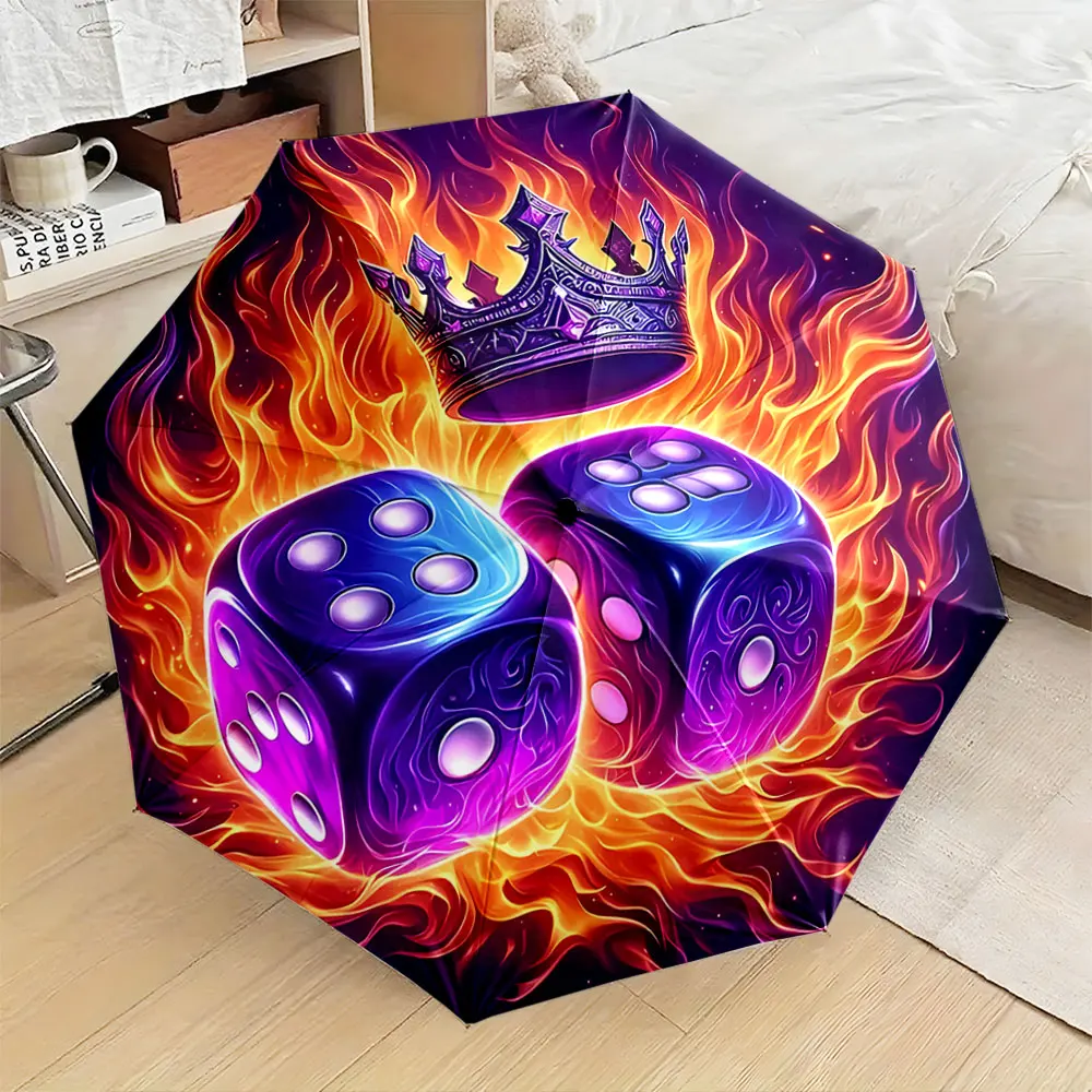 1PC Flaming Dice and Crown Umbrella Design Print 8 Iron Ribs Folding Umbrella Auto-Open Fashion Sunshade