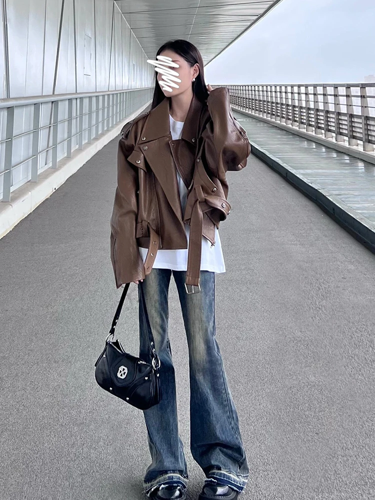 大きいサイズブラウンヘビーデューティーバイク用PUレザージャケットレディース秋冬オーバーサイズファッショナブルジャケットコート