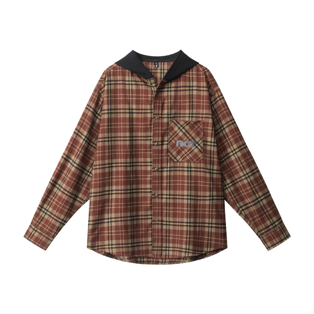 

Hooded Patchwork Loose Plaid Print Aesthetic Loose Shirts Blouse Streetwear Aloha Button Tops for Women Girls Winter Spring