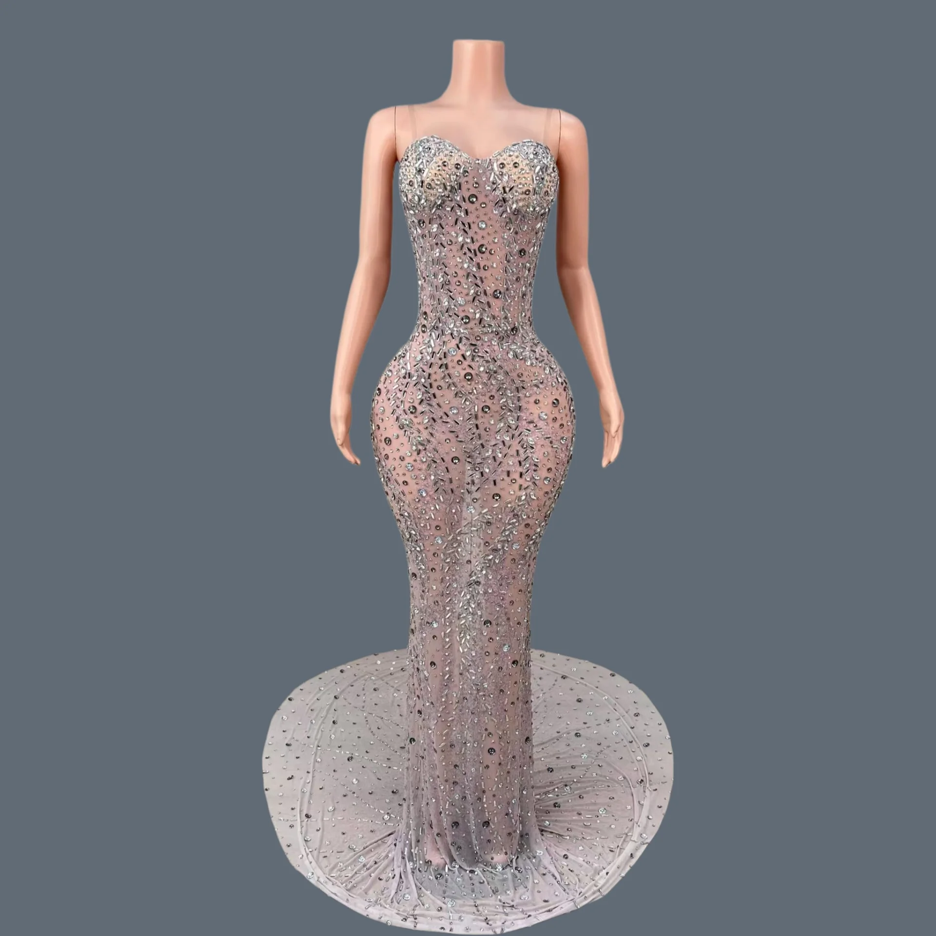 

Sheer Mesh Spaghetti Strap Mermaid Maxi Gown Silver Mixed Rhinestone Embellished Round Train Evening Stage Dress Mangzhong