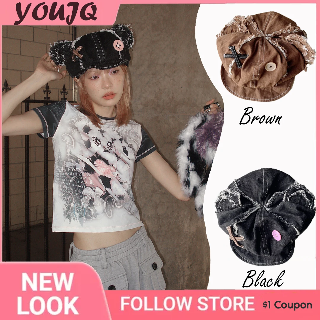 Y2k Japanese Harajuku Cute Bear Ear Hats for Women Girls Vintage Washed Denim Beret Hats Boina Mujer Chic Streetwear Gorras