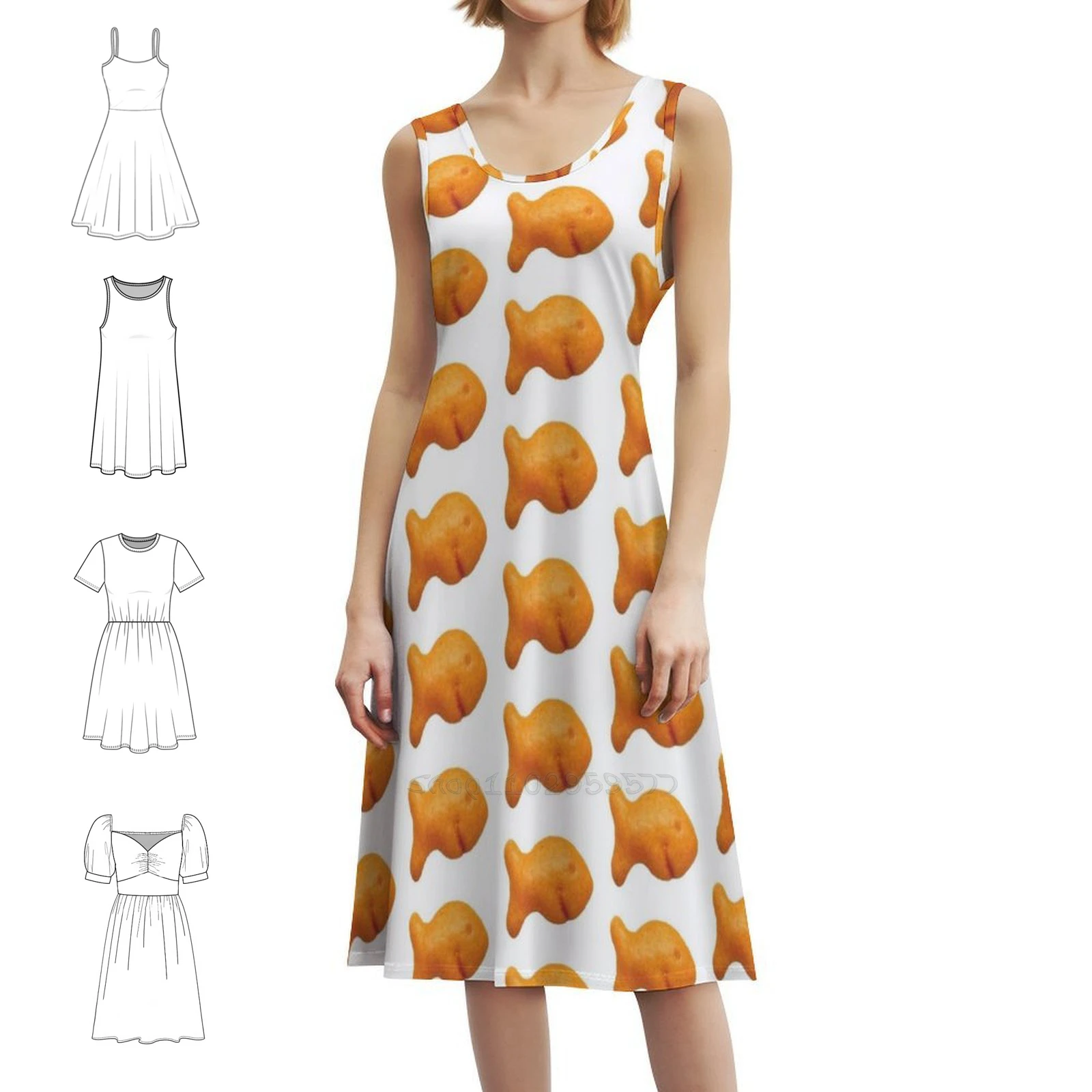 Goldfish cracker boêmio vestido sem mangas para mulheres impressão praia vestidos de festa goldfish goldfish cracker cracker roupas femininas