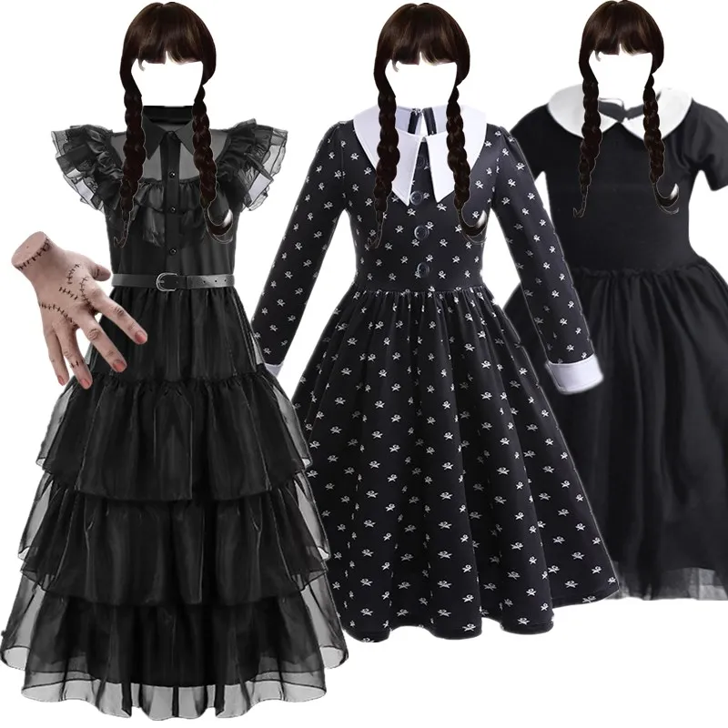 Movie Wednesday Costume Girl Kids Gothic Cosplay Wednesday Black Dress Halloween Carnival Costumes Party for 3-12 Yrs