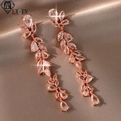 LXOEN French Elegant Water Drop CZ Women Long Wedding Flower Earrings with AAA Cubic Zirconia Dangle Earings Jewelry