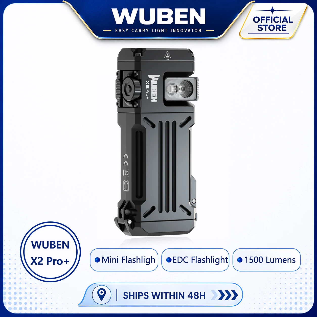 Wuben X2 Pro+ 1500LM Rechargeable Magnetic EDC Flashlight, Tiltable White Red Side Light, IP65 Waterproof Bike,Helmet,Emergency