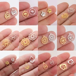 LIKGREAT 5pcs Lotus Flower Yoga Charm Stainless Steel Fashion Mini Mandala Pendant for Bracelet DIY Jewelry Making wholesale