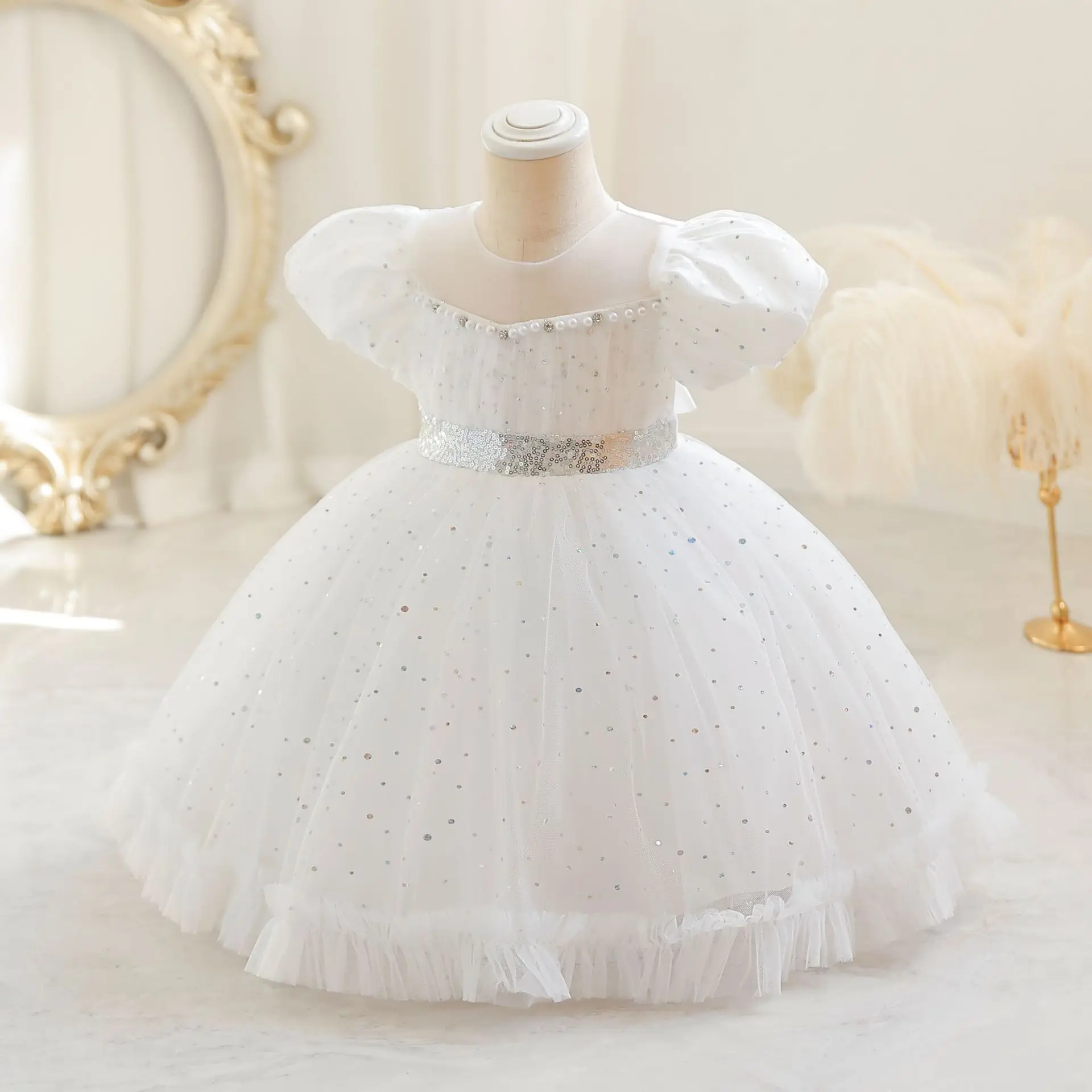 6M-5Y First Birthday Dress For Christmas Sleeveless Sequines Toddler Girl Dresses White Lace Baby Frocks Kids Party Gowns 아기원피스