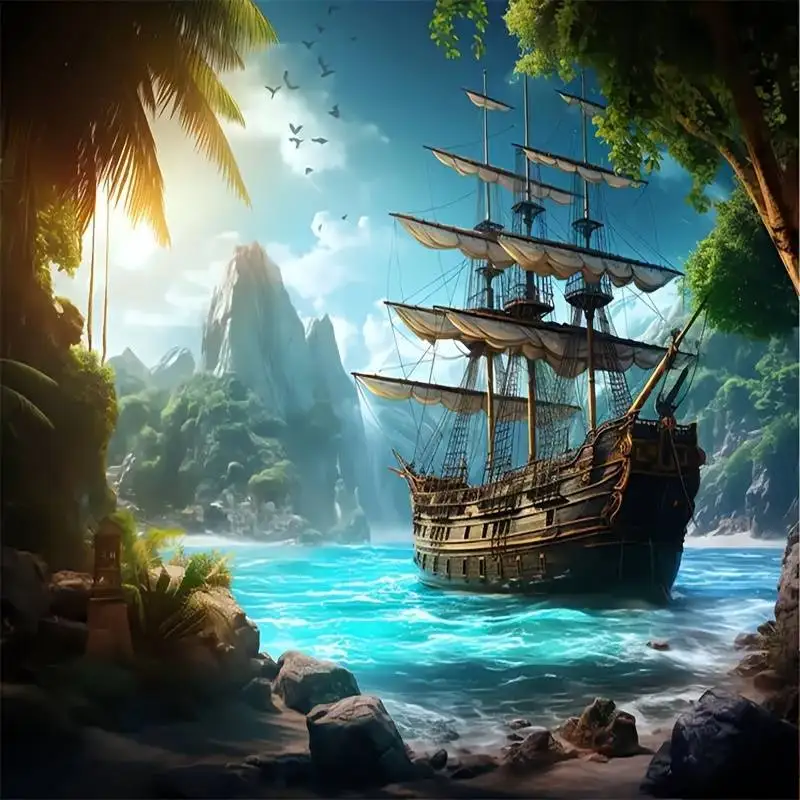Pirate Ship Tapestry - Tropical Island Adventure, Vintage Sailing Boat & Ocean View, Fantasy Wall Art, Polyester, Multiple Sizes