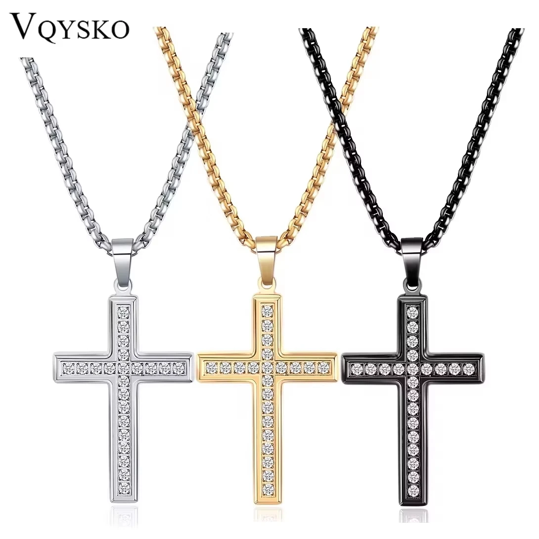 Herren-Halskette mit christlichem Kreuz-Anhänger aus Edelstahl mit exquisitem weißem Stein, religiöser Amulettenschmuck aus Metall