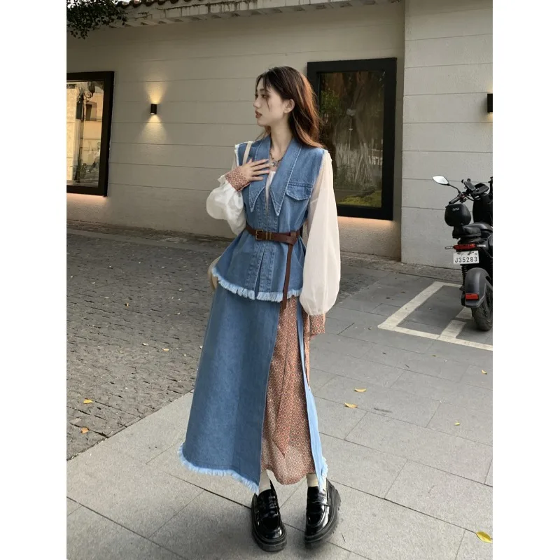 

French Vintage Set Skirt Women's Spring Autumn New Denim Vestidos Long Sleeve Shirt Half Skirt Fashion Three Piece Set