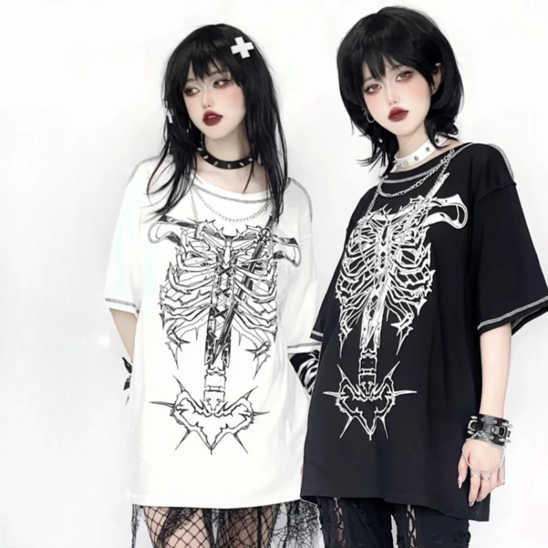 New Subculture Rib Punk Print Short Sleeve Loose Cotton T-shirt, Y2K Women Chain Decor Casual Tshirt Streetwear Tops for Girls