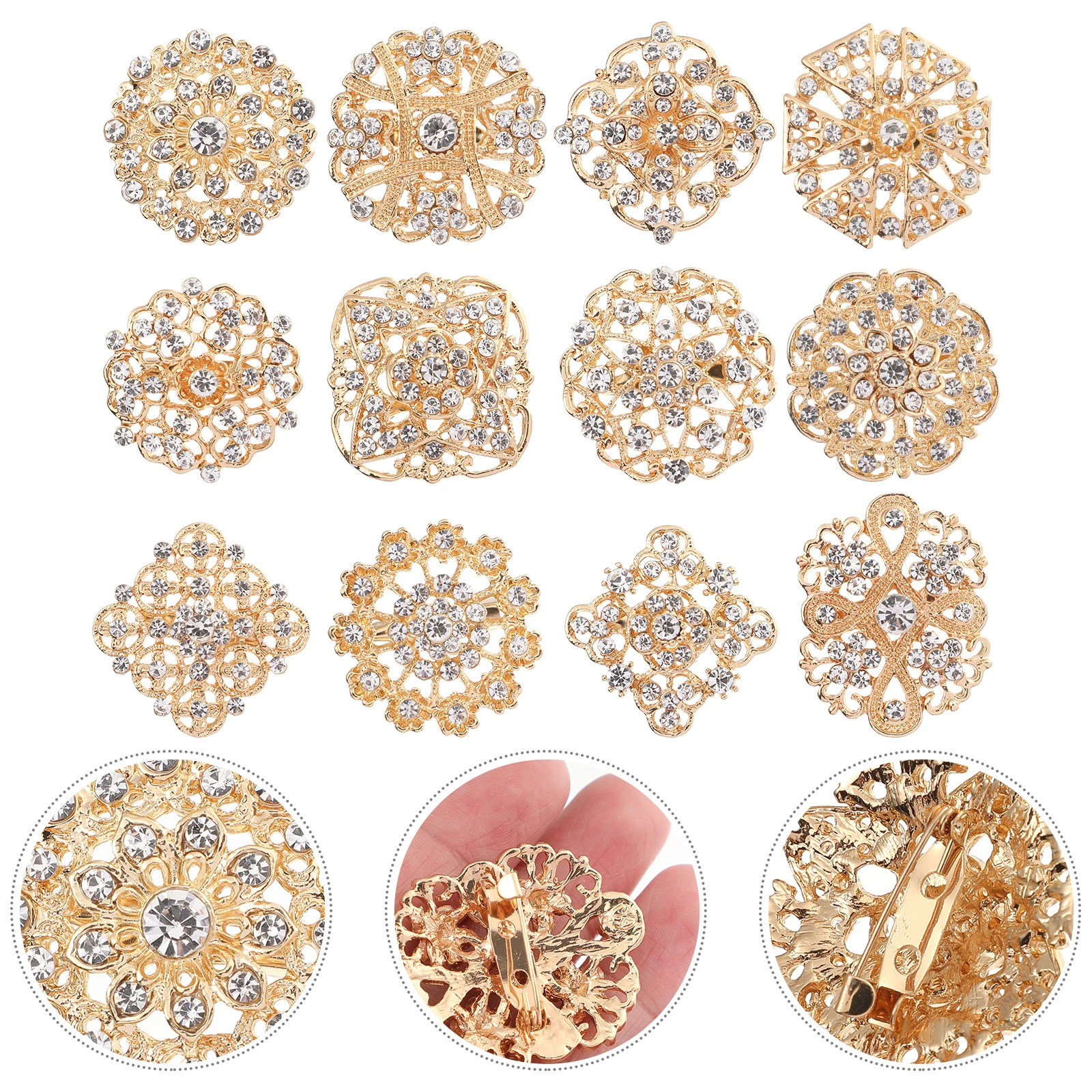

12 Pcs Clear Crystal Rhinestone Brooches Wedding Accessory Decoration High Quality Alloy Pin for Headb Hair Clip
