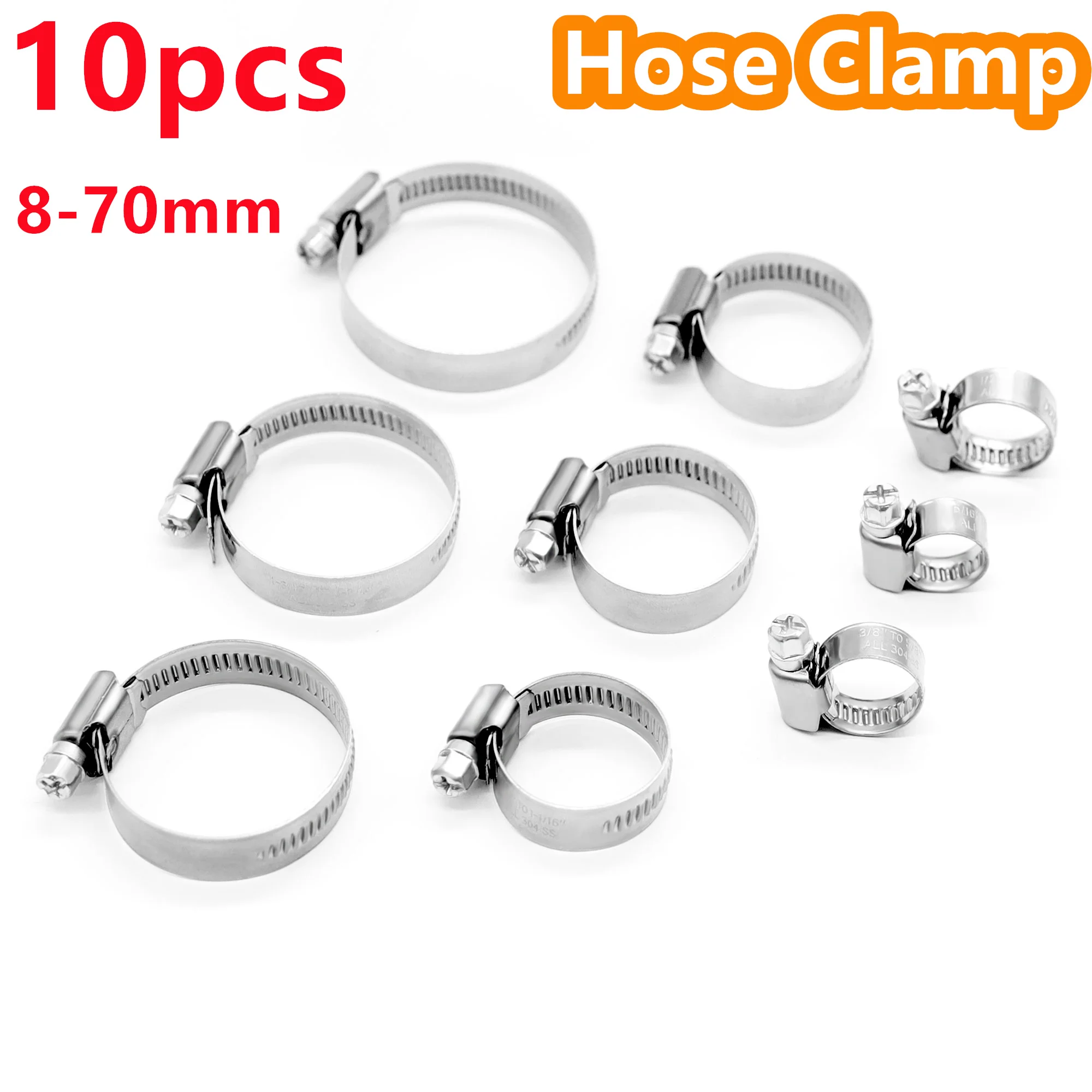 10pcs Adjustable Pipe Clamps 304 Stainless Steel Hose Clips Fuel Hose Clamps for Pipe Worm Drive Durable Anti-oxidation 8-70mm